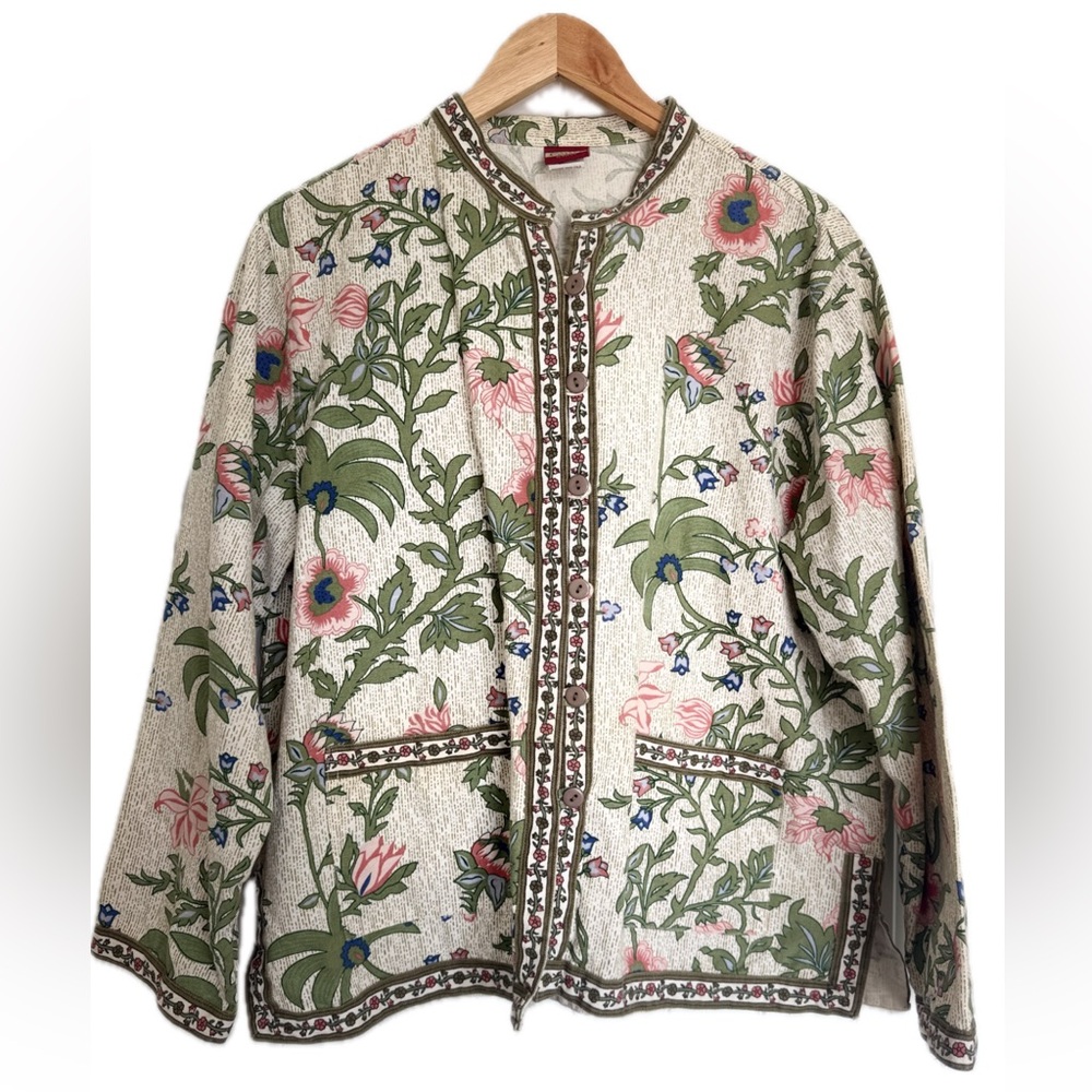 Vintage Tudor Court Jacobean Floral Print Jacket L Cottagecore Boho Lightweight